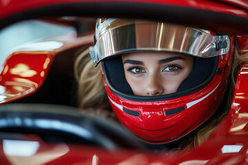 Girl in helmet driving racing car, Formula 1 pilot...
