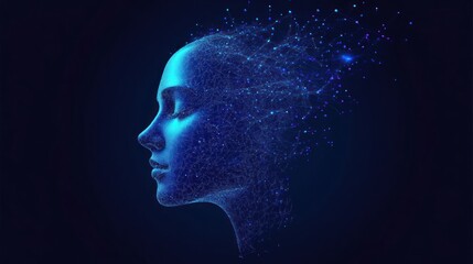 A digital representation of a woman's profile with a cosmic, abstract design emanating from her head.
