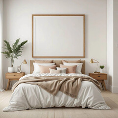 Cozy Bedroom with Large Empty Frame Above Bed