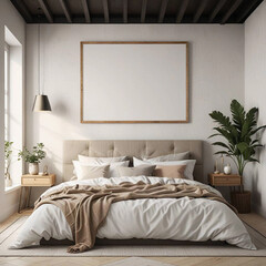 Cozy Bedroom with Large Empty Frame Above Bed