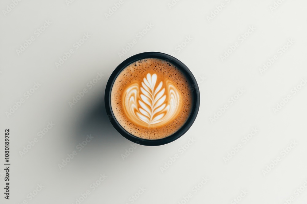 Poster A top view of a latte with intricate foam art in a black cup on a light background.