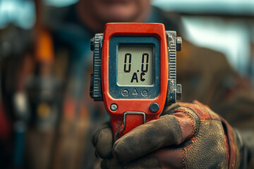 Voltmeter in the hands of an electrician showing zero voltage, no voltage concept...