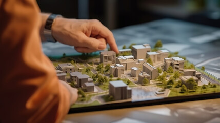 Fototapeta premium Superb a man searching building plot on a cadastral plan to choose and buy a building plot