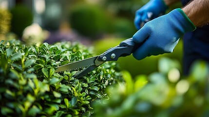 Close-up of Hand with Blue Glove Using Pruning Shears to Trim Green Bush