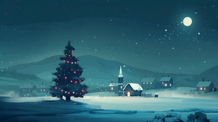 Winter village with christmas tree and house at night. Vector illustration.
