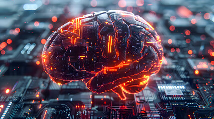The futuristic brain contains AI text representing artificial intelligence, technology, data science and innovative Internet projects. The banner of business