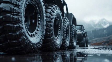 Off-Road Vehicle Tires in a Mountainous Landscape