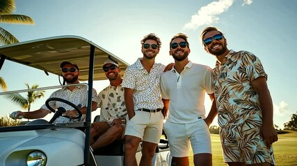 Cheerful Friends Enjoying Golf at Scenic Resort Fairway