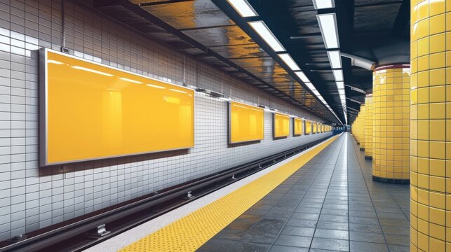 Horizontal Ad. Retro Vintage New York City Subway Station Poster Mockup with Moving Train Background