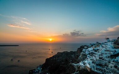 Landscape view from hill at sunset, Santorini, Greece