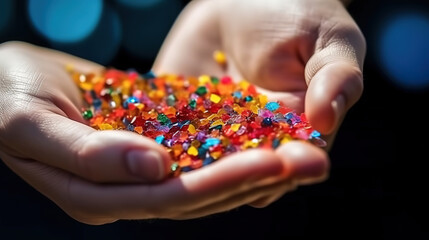 Superb Close up side shot of micro plastics lay on people hand