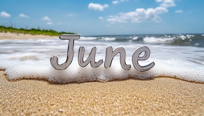 June arrives on the beach White letters spelling June rest on the sand with an ocean backdrop.