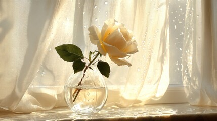 Single white rose in a glass vase on a window sill with sheer curtains and raindrops.