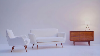Fototapeta premium Elegant Mid-Century Modern Living Room With Minimalist Furniture and Soft Lighting