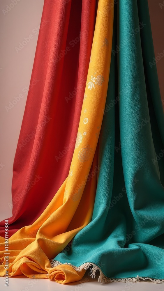 Poster three different colored pieces of fabric are laid out on a table