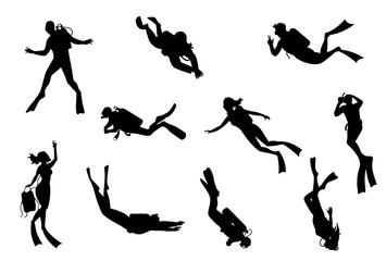 silhouette of scuba diving and free divers on a white background