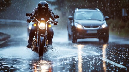 Fototapeta premium A motorcyclist braves heavy rain on a winding road while a car cautiously navigates through the waterlogged street, capturing the thrill and challenges of riding in inclement weather