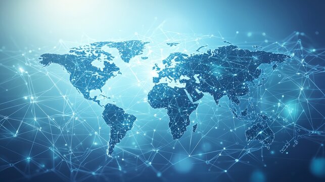 Fototapeta Featuring an abstract digital map of the world with a network of luminous points, this image represents the concept of global connectivity and technological advances.