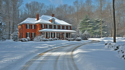 A stunning brick home blanketed in snow sits amidst tall trees, creating a tranquil winter landscape with sunlight shining through the branches