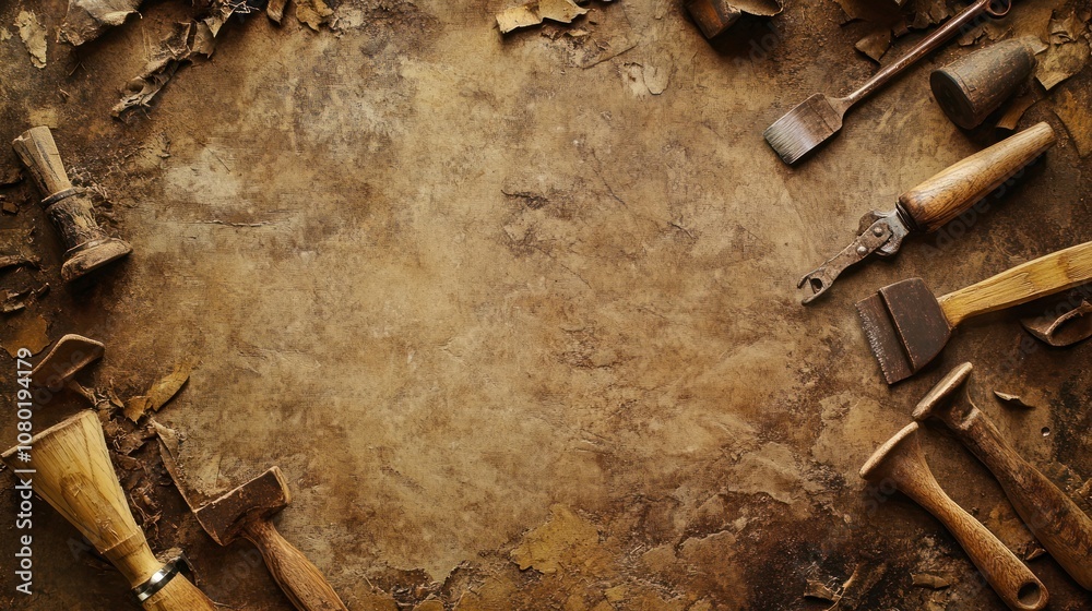 Aufkleber A rustic workspace with various woodworking tools arranged around a textured surface.