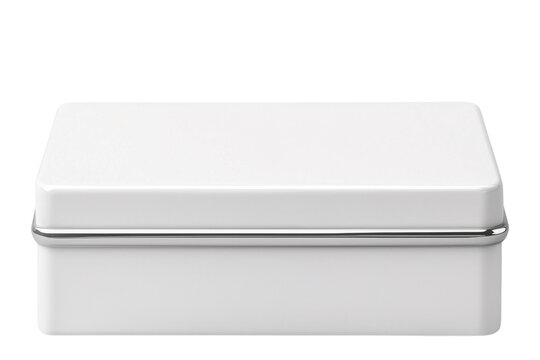 White rectangular tin box with a shiny silver clasp on a white isolate background.
