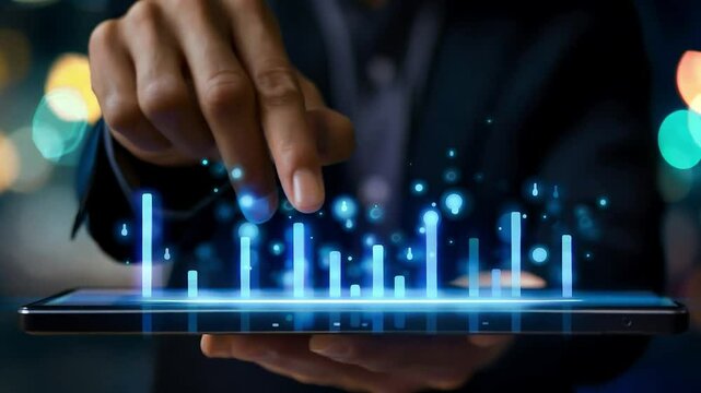 A hand of business man point to data histogram tablet illustration design	
