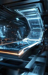 69. A 3D display with futuristic metallic textures, glowing lines, and an open area for showcasing a product.