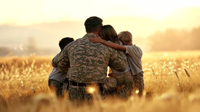 Family Reunion with Serviceman Embracing Happy Children