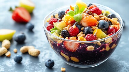 A bowl of acai bowl with fresh fruit and nuts.