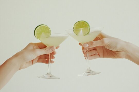 hands toasting with margarita cocktails ,garnished with lime. World margarita day