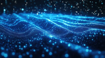 A mesmerizing abstract representation of flowing blue waves with sparkling particles.