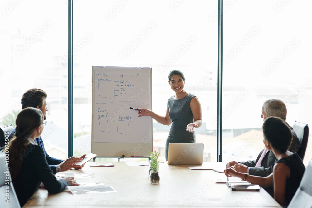 Poster idea, presentation and business woman in meeting for ux workshop, speaker and marketing funnel. team