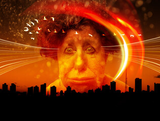 Stress in the city. Adult woman with a distressed face in a city.