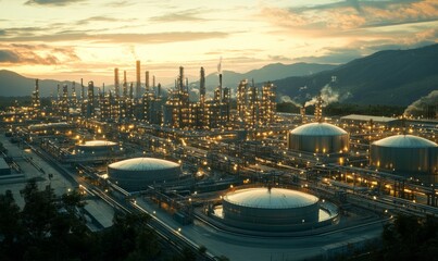 Obraz premium A vast industrial complex with a massive LNG storage tank designed for holding liquified natural gas at low temperatures, showcasing modern energy infrastructure