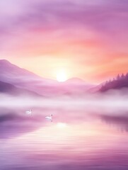 Serene sunrise over a misty lake with swans gliding gracefully on the water, AI