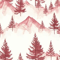 Fototapeta premium Red Watercolor Mountain Landscape Seamless Pattern Nature Trees Art