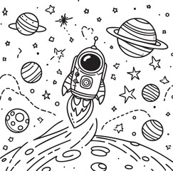 coloring page. A rocket ship launches into a starry space scene featuring various planets and celestial bodies, captured in a whimsical, sketched style