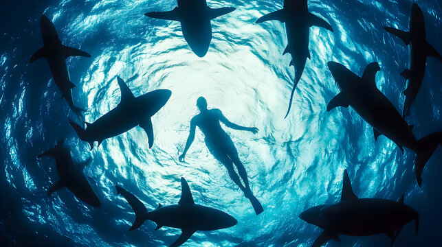 Underwater silhouette shot of sharks circling swimmer