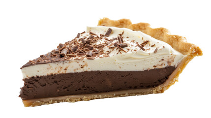 Slice of chocolate cream pie on white transparent background
