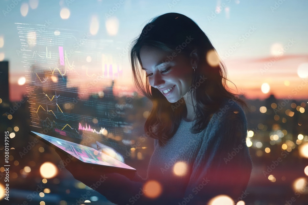 Poster a woman interacts with a digital tablet, smiling at data visualizations against a city backdrop.