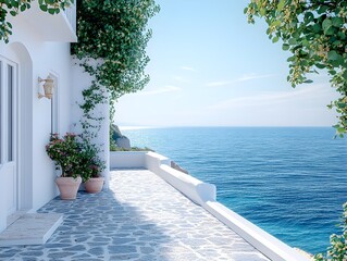 Fototapeta premium A beautiful terrace with white walls and a blue sea view Mediterranean landscape with a blue and green color scheme and a blue water surface