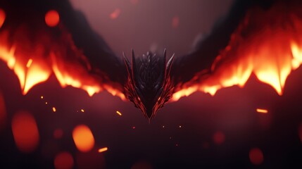Vivid digital art mythical dragon with black scales and fiery wings, soaring against dark backdrop of swirling flames and glowing embers, exuding power and mystique.