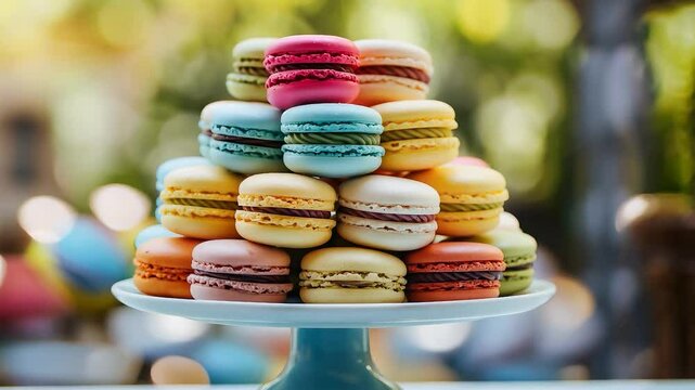 Selection of colorful macarons arranged on a cake stand at bake sale tempt passersby