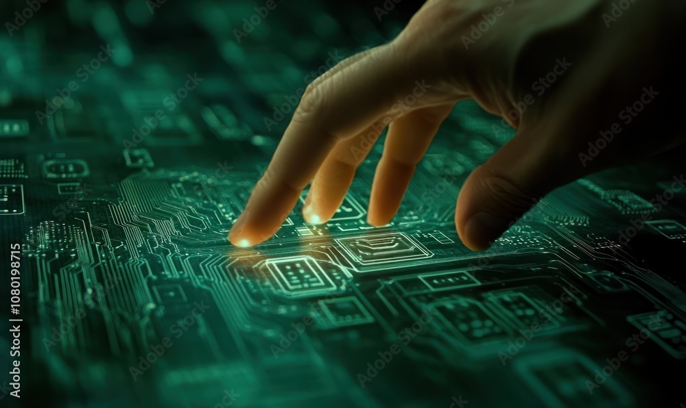 Aufkleber a hand reaching out to touch a glowing circuit board, symbolizing technology and innovation.