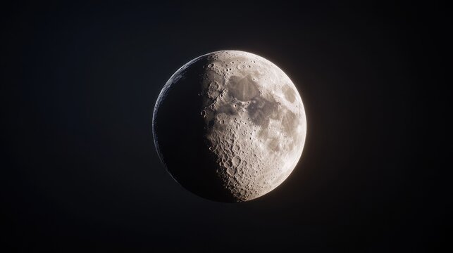 Captivating, image of the moon in half phase, revealing its detailed craters against dark background, ideal for astronomy enthusiasts and creative projects.