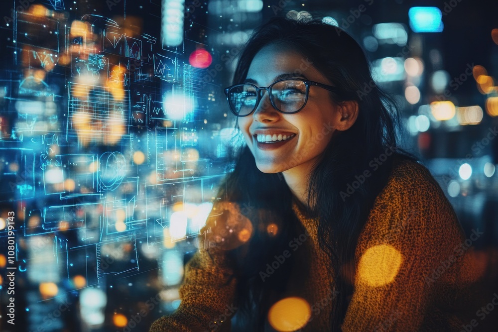 Aufkleber a woman smiling while interacting with digital data in a vibrant, urban environment.