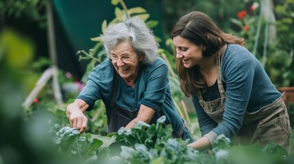 Fototapeta premium Two women, one older and one younger, happily work in a thriving garden, nurturing a variety of vegetables as they exchange laughter and gardening tips under a clear blue sky.