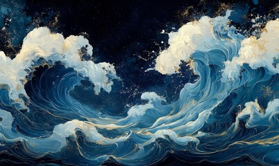 Graceful sea and ocean forms, curve following wave in pattern flow, flowing liquid in repeat motions, smooth japanese style with rhythmic elegant fluid lines