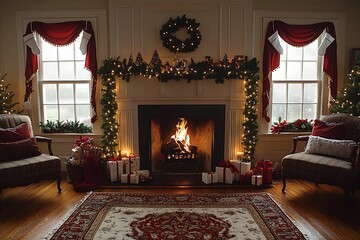 Cozy Fireplace with Twinkling Lights and Christmas Presents


