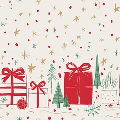 Obraz premium Whimsical hand-drawn Christmas doodle seamless pattern featuring festive red presents, green trees, and falling golden snow on a cream background.